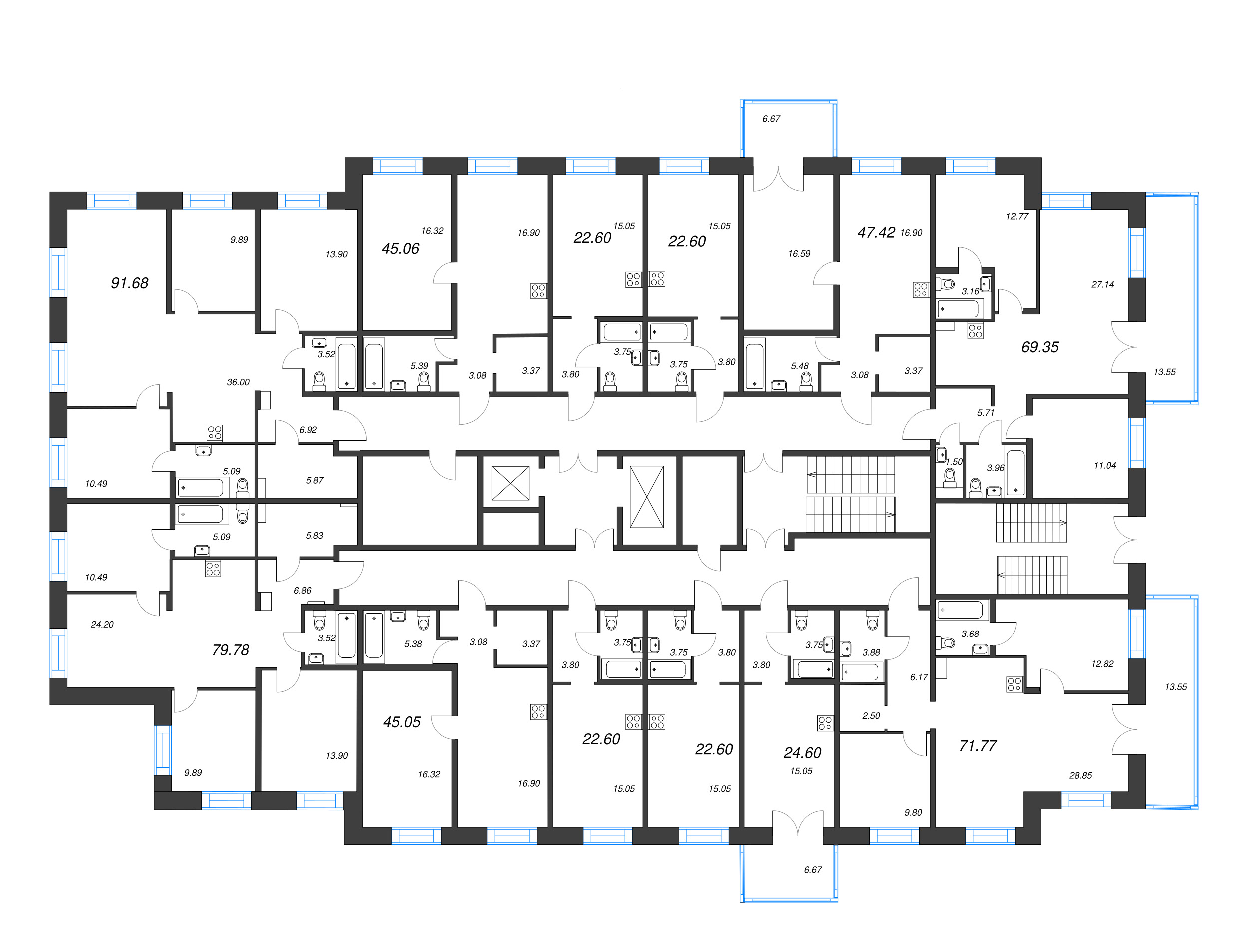 4-комнатная (Евро) квартира, 79.78 м² в ЖК "Alpen" - планировка этажа