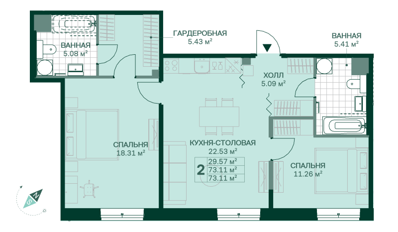 3-комнатная (Евро) квартира, 73.11 м² в ЖК "Magnifika Residence" - планировка, фото №1