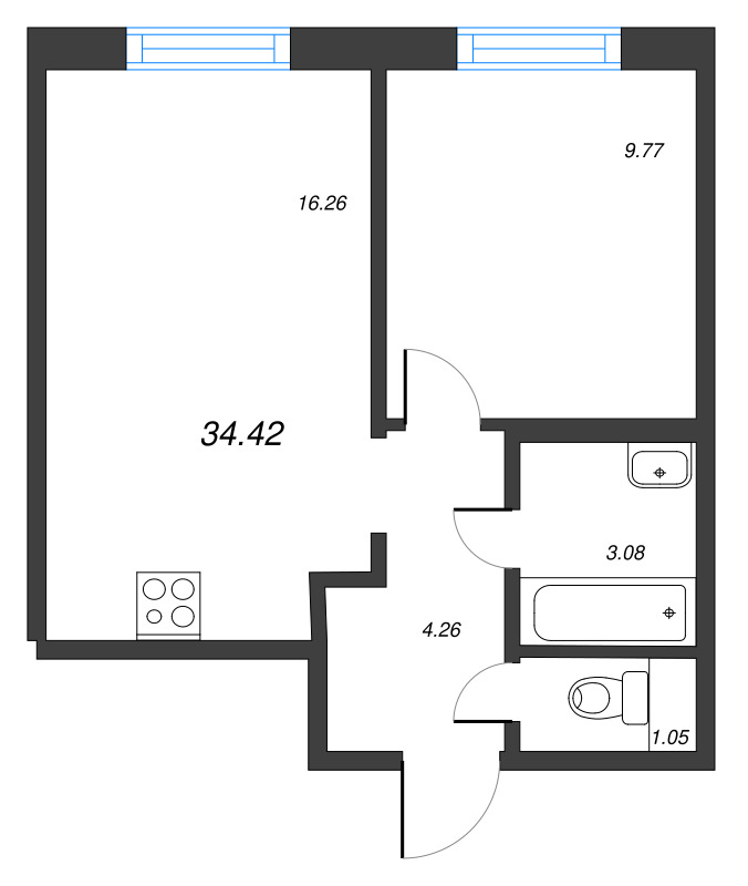 2-комнатная (Евро) квартира, 34.42 м² в ЖК "Старлайт" - планировка, фото №1