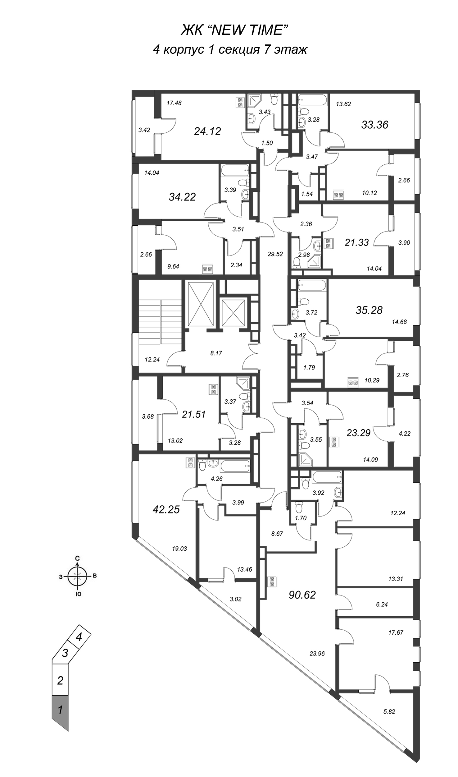 1-комнатная квартира, 43.2 м² в ЖК "New Time" - планировка этажа
