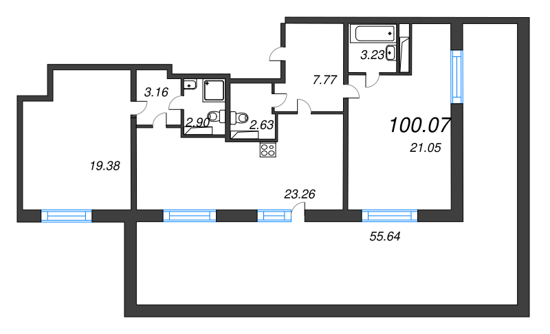 3-комнатная (Евро) квартира, 100.07 м² в ЖК "БелАрт" - планировка, фото №1