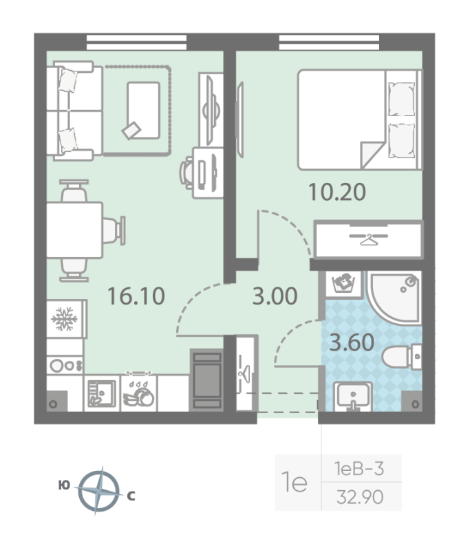 2-комнатная (Евро) квартира, 32.9 м² - планировка, фото №1