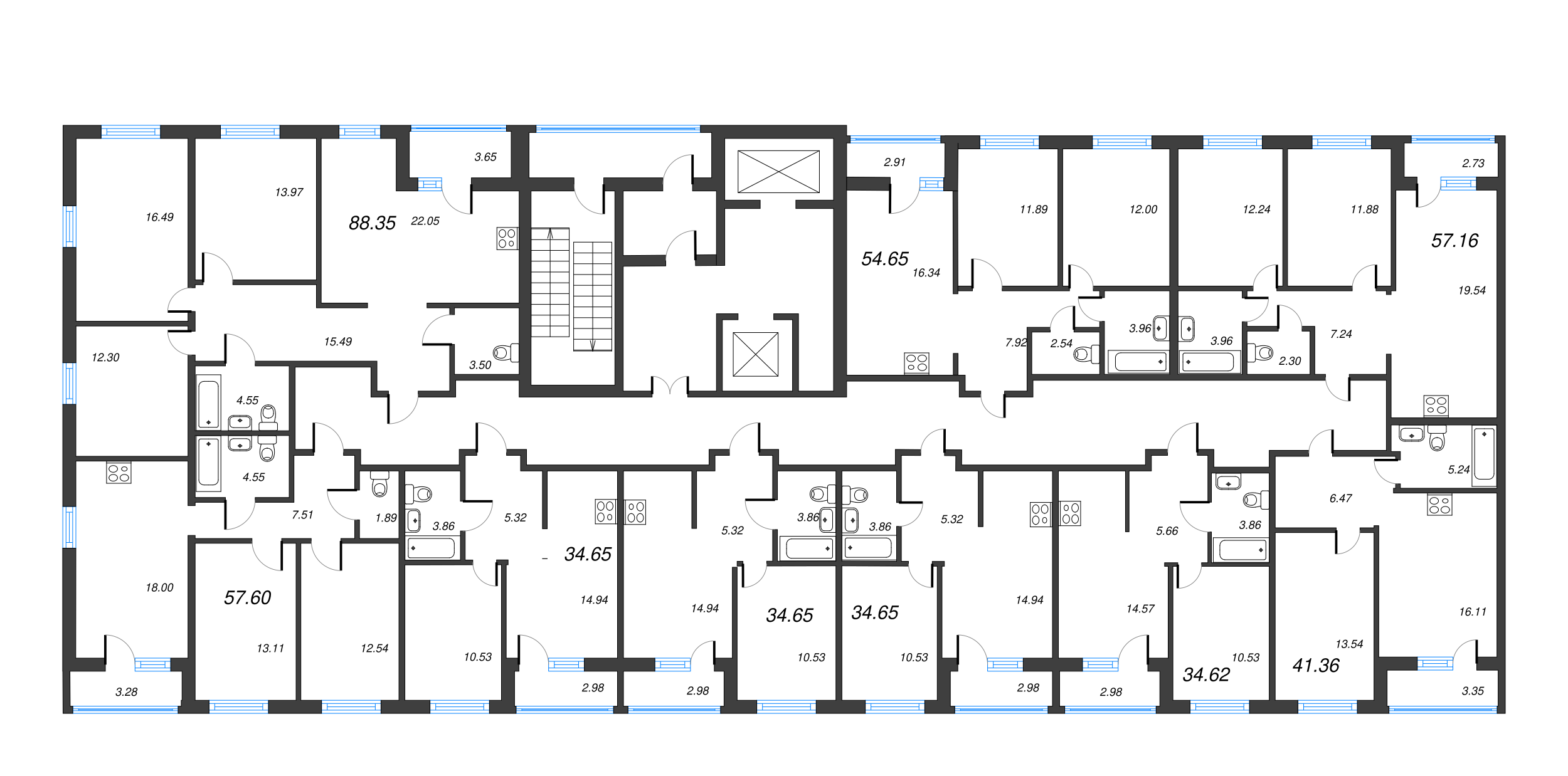 3-комнатная (Евро) квартира, 57.16 м² в ЖК "Город Первых" - планировка этажа