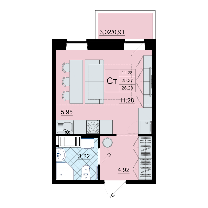 Квартира-студия, 26.3 м² в ЖК "Северный меридиан" - планировка, фото №1