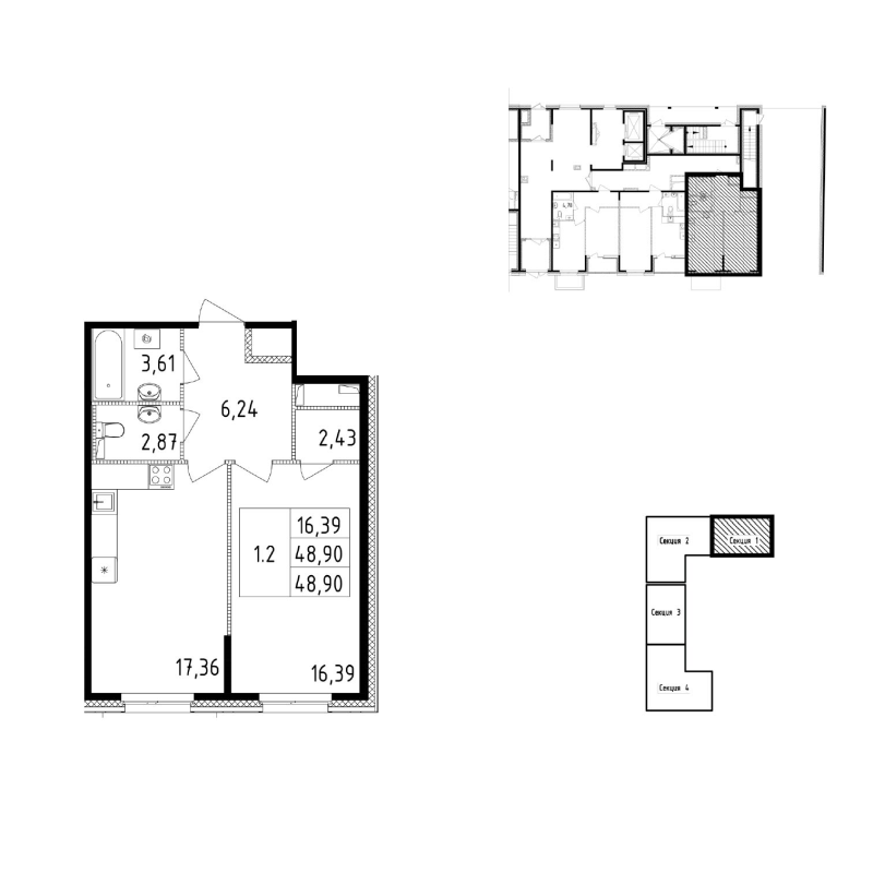 2-комнатная (Евро) квартира, 48.9 м² - планировка, фото №1