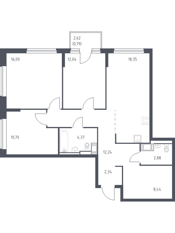 4-комнатная (Евро) квартира, 88.15 м² в ЖК "Новое Колпино" - планировка, фото №1