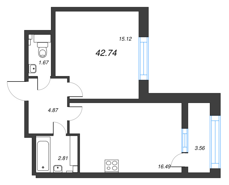 2-комнатная (Евро) квартира, 42.74 м² в ЖК "БелАрт" - планировка, фото №1