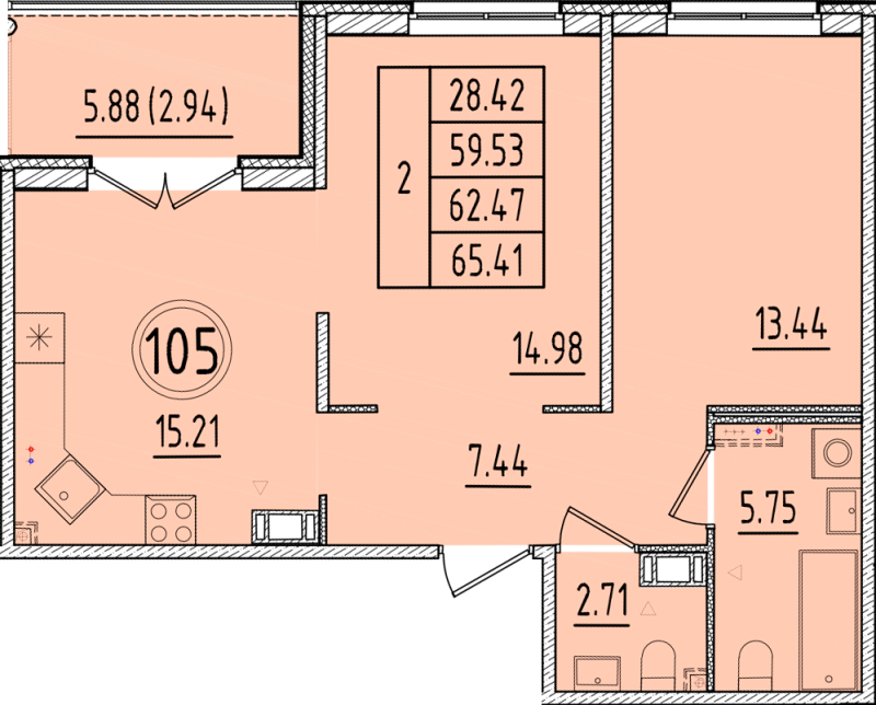 3-комнатная (Евро) квартира, 59.53 м² в ЖК "Образцовый квартал 17" - планировка, фото №1