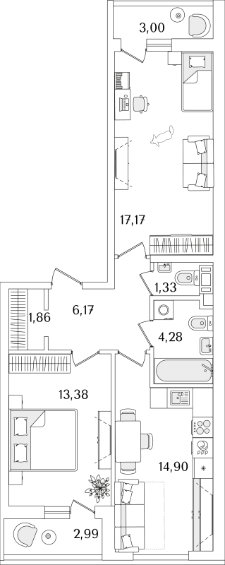 2-комнатная квартира, 62.09 м² в ЖК "Лайнеръ" - планировка, фото №1