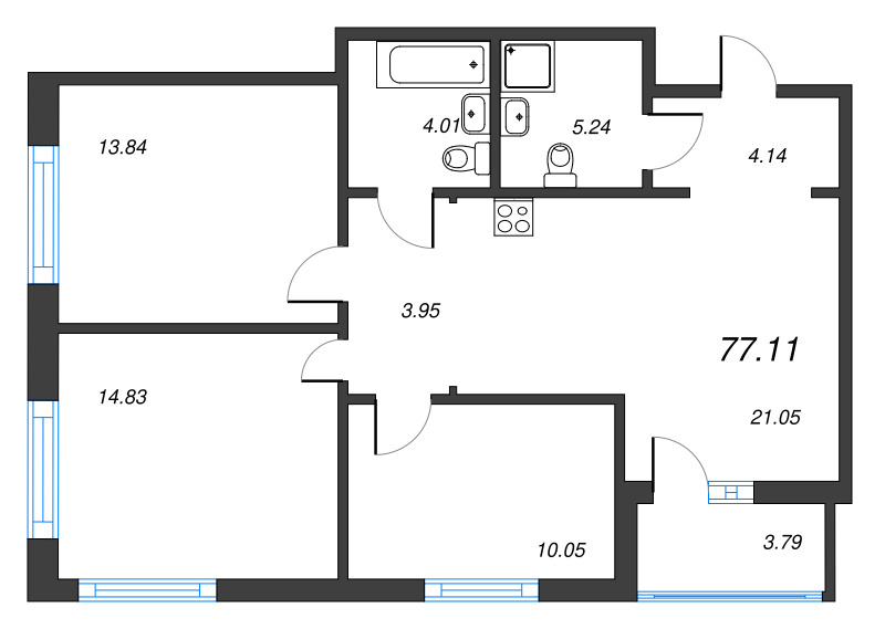 4-комнатная (Евро) квартира, 77.11 м² - планировка, фото №1