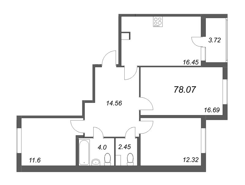 4-комнатная (Евро) квартира, 78.07 м² - планировка, фото №1