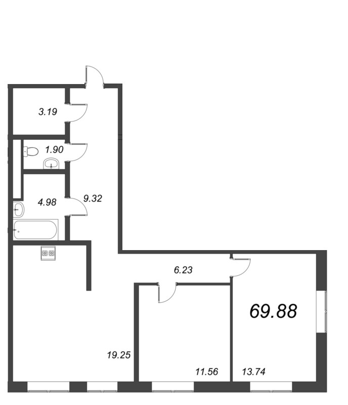 3-комнатная (Евро) квартира, 73.3 м² в ЖК "Малоохтинский, 68" - планировка, фото №1