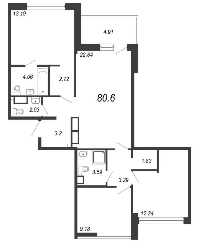 4-комнатная (Евро) квартира, 83 м² в ЖК "Белый остров" - планировка, фото №1
