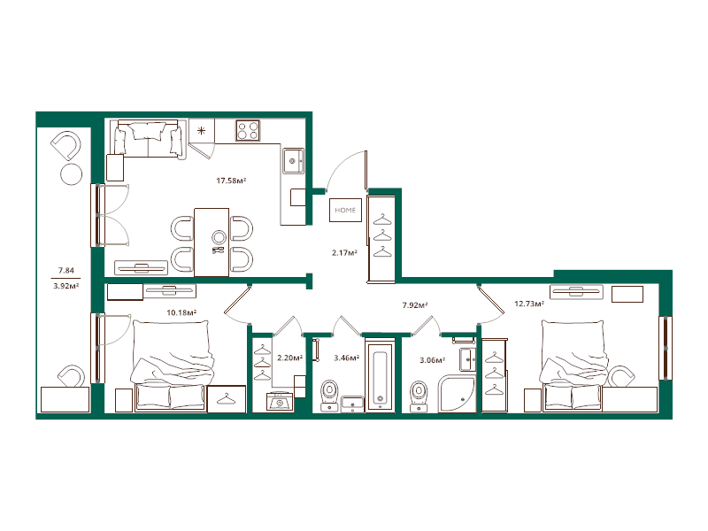 3-комнатная (Евро) квартира, 63.22 м² в ЖК "ЛесArt" - планировка, фото №1