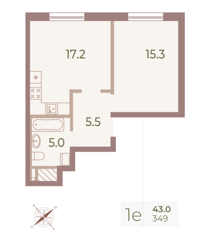 2-комнатная (Евро) квартира, 43.2 м² в ЖК "Neva Haus" - планировка, фото №1