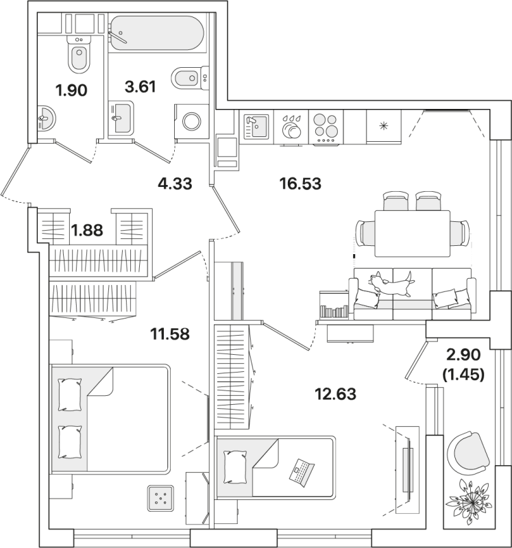 3-комнатная (Евро) квартира, 53.91 м² в ЖК "Академик" - планировка, фото №1