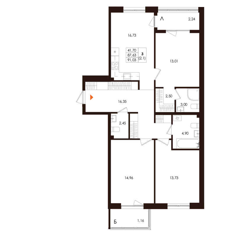 4-комнатная (Евро) квартира, 91.03 м² в ЖК "Лисино" - планировка, фото №1