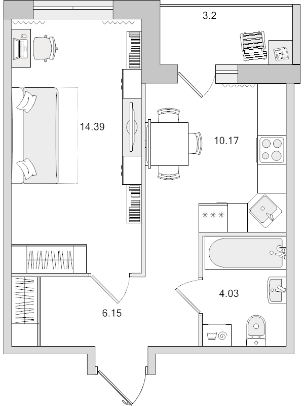 1-комнатная квартира, 34.74 м² в ЖК "Parkolovo" - планировка, фото №1