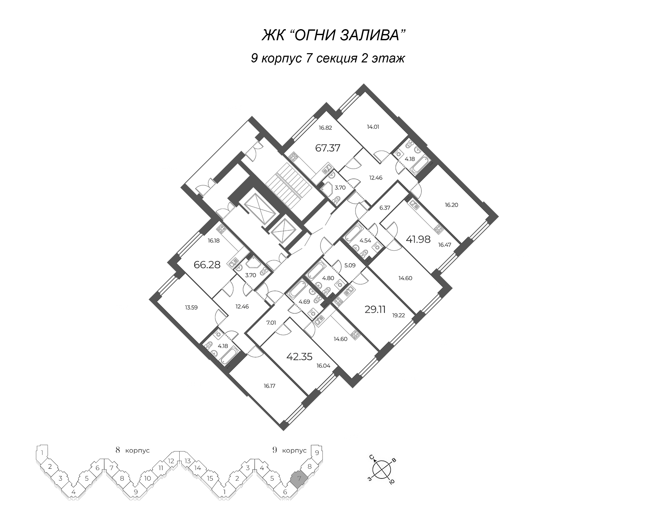 Квартира-студия, 29 м² в ЖК "Огни Залива" - планировка этажа
