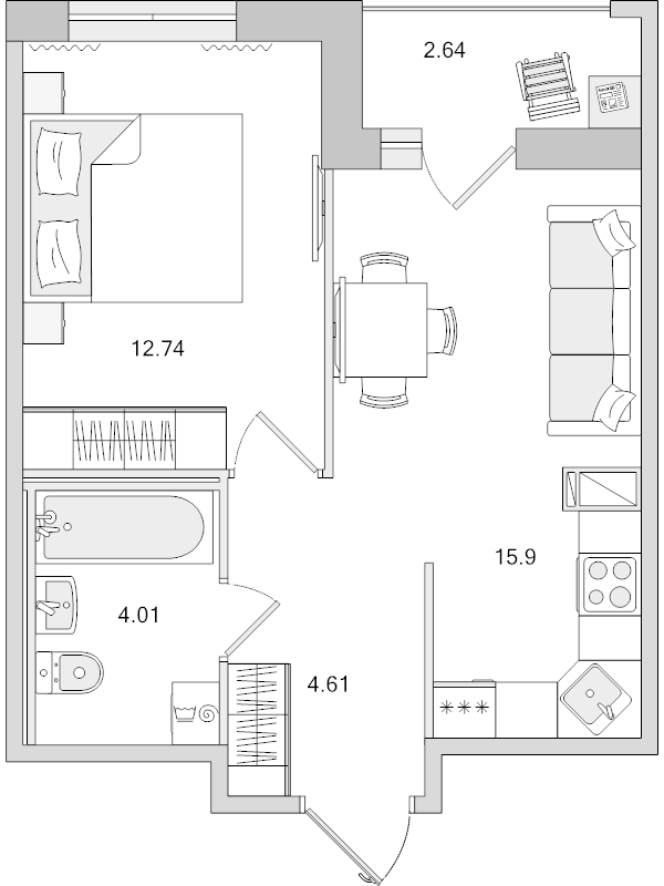 2-комнатная (Евро) квартира, 37.26 м² в ЖК "Город Первых" - планировка, фото №1