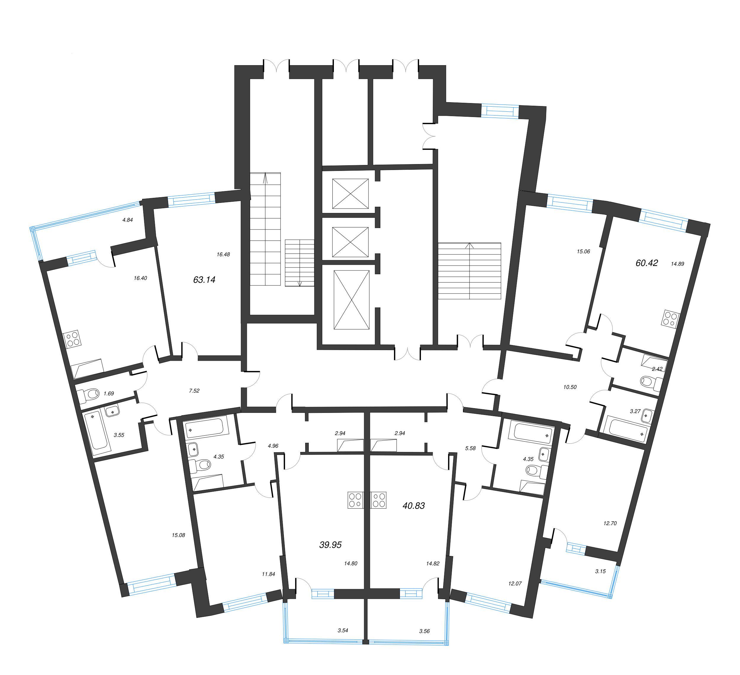 2-комнатная (Евро) квартира, 40.83 м² в ЖК "Дом Левитан" - планировка этажа