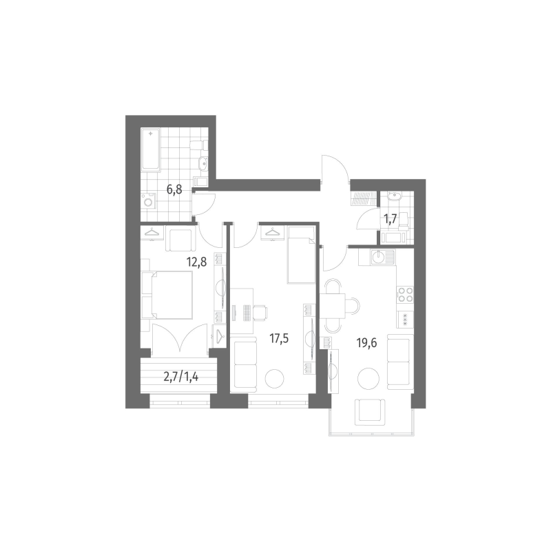 2-комнатная квартира, 68.41 м² в ЖК "Наука" - планировка, фото №1