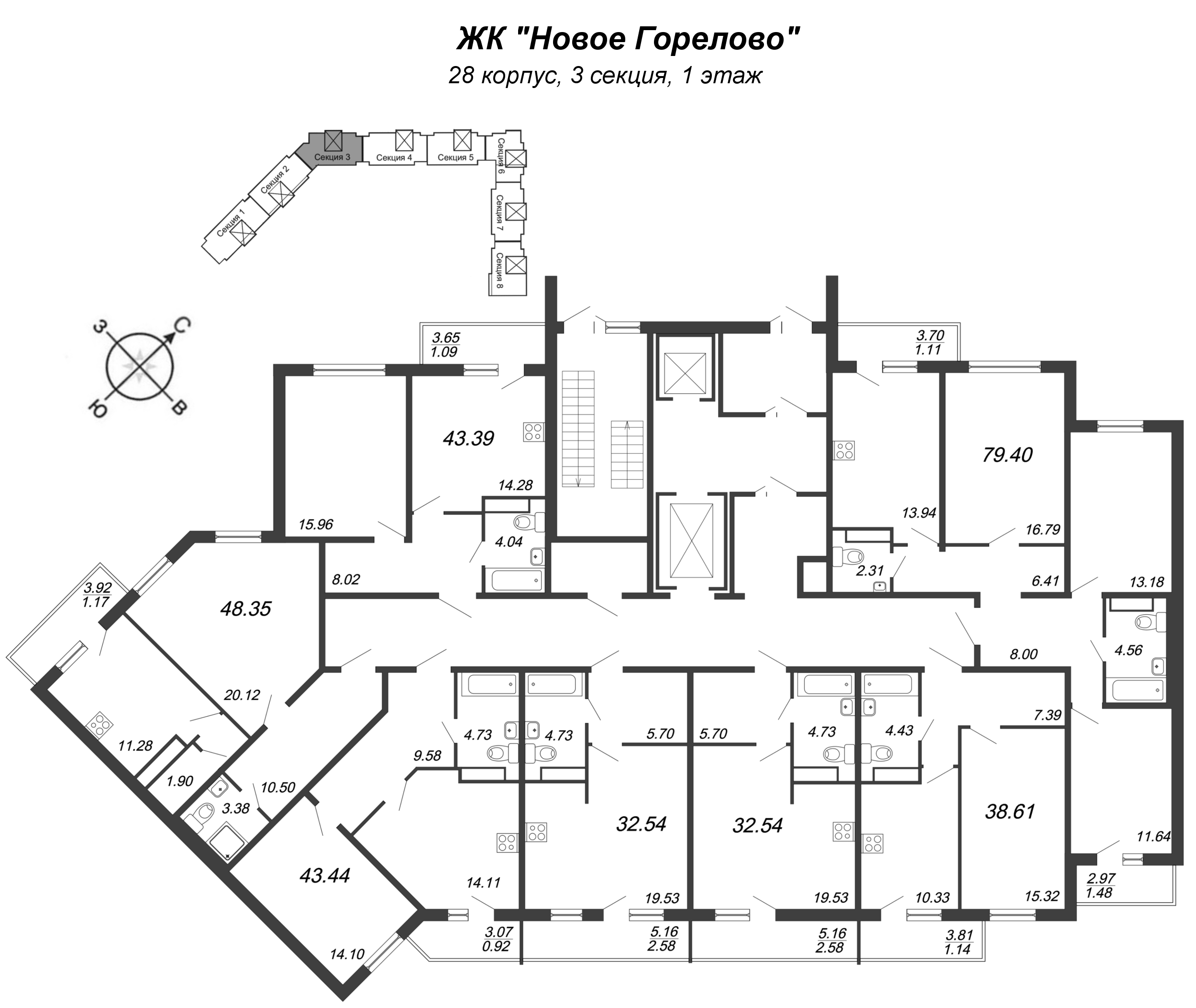 1-комнатная квартира, 48.1 м² в ЖК "Новое Горелово" - планировка этажа