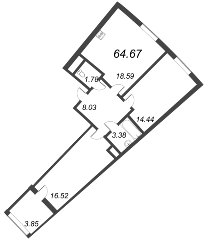 3-комнатная (Евро) квартира, 64.67 м² в ЖК "Морская набережная. SeaView" - планировка, фото №1