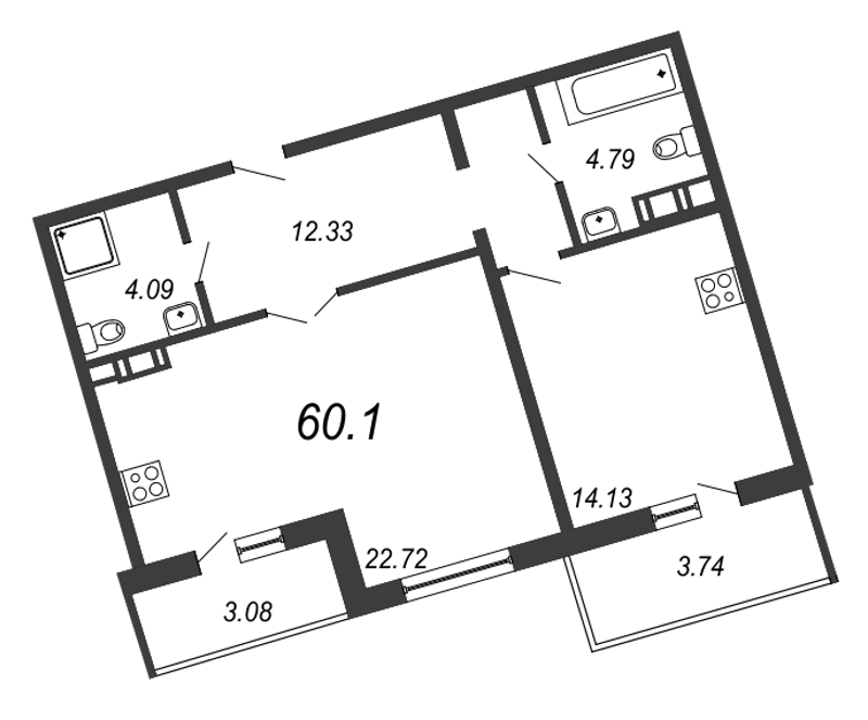 2-комнатная (Евро) квартира, 60.1 м² - планировка, фото №1