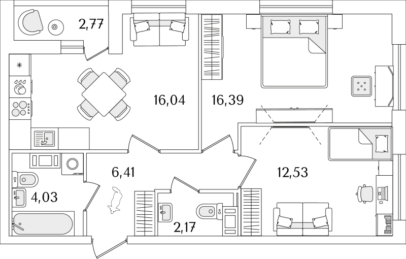 3-комнатная (Евро) квартира, 58.96 м² в ЖК "Лайнеръ" - планировка, фото №1