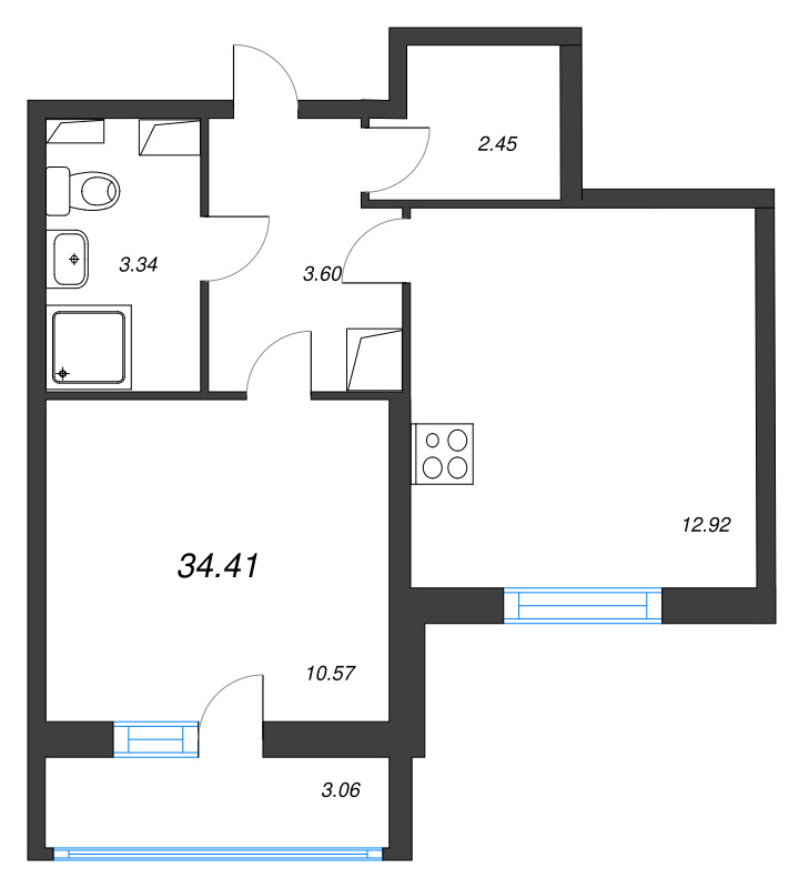 2-комнатная (Евро) квартира, 34.41 м² в ЖК "Кинопарк" - планировка, фото №1