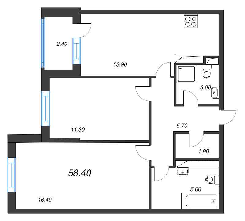 2-комнатная квартира, 58.4 м² в ЖК "Тайм Сквер" - планировка, фото №1