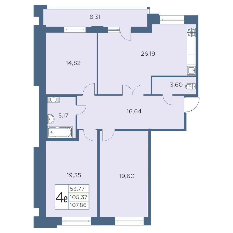 4-комнатная (Евро) квартира, 107.86 м² в ЖК "Новый Лесснер" - планировка, фото №1