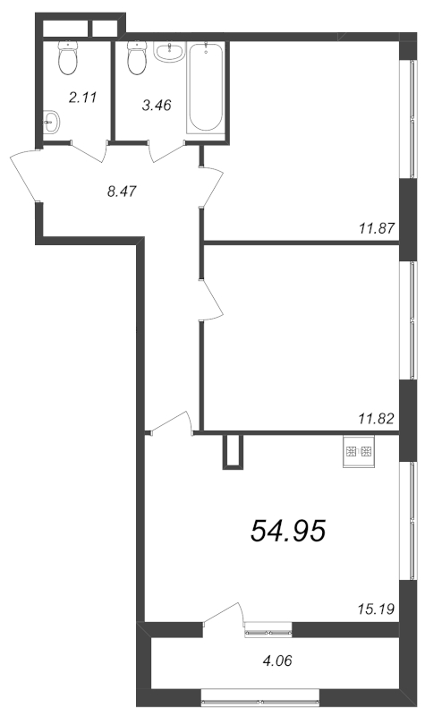 3-комнатная (Евро) квартира, 54.95 м² в ЖК "Академик" - планировка, фото №1