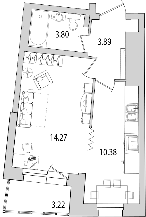 1-комнатная квартира, 35.3 м² в ЖК "Байрон" - планировка, фото №1