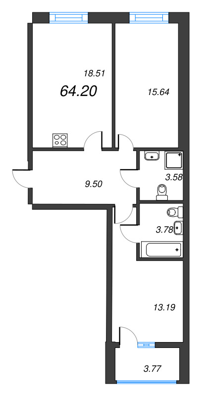 2-комнатная квартира, 64.2 м² в ЖК "Чёрная речка от Ильича" - планировка, фото №1