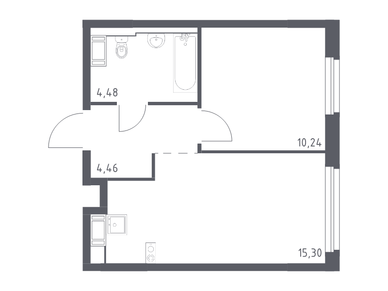 2-комнатная (Евро) квартира, 34.48 м² в ЖК "Новое Колпино" - планировка, фото №1