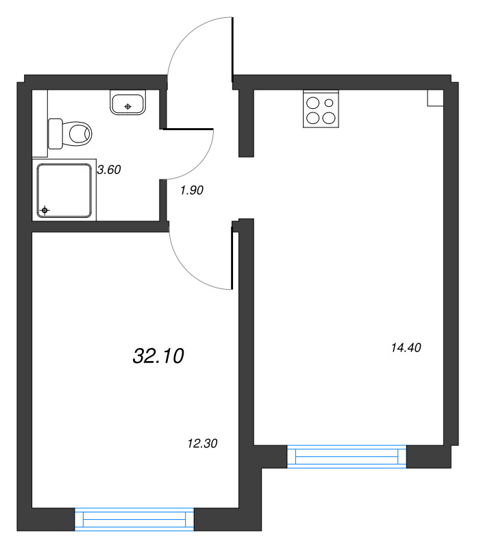 1-комнатная квартира, 32.1 м² - планировка, фото №1