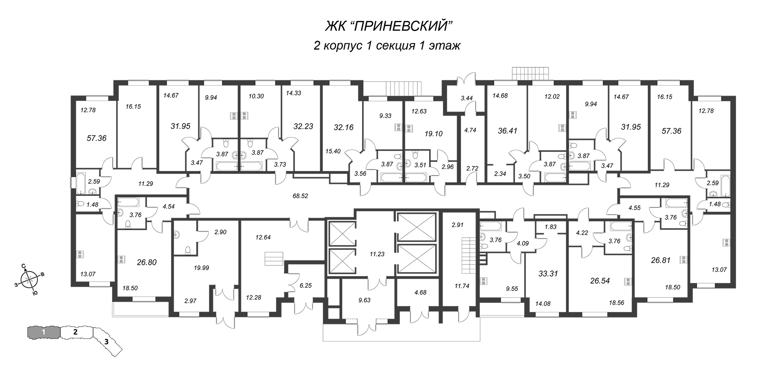 1-комнатная квартира, 33.31 м² в ЖК "Приневский" - планировка этажа