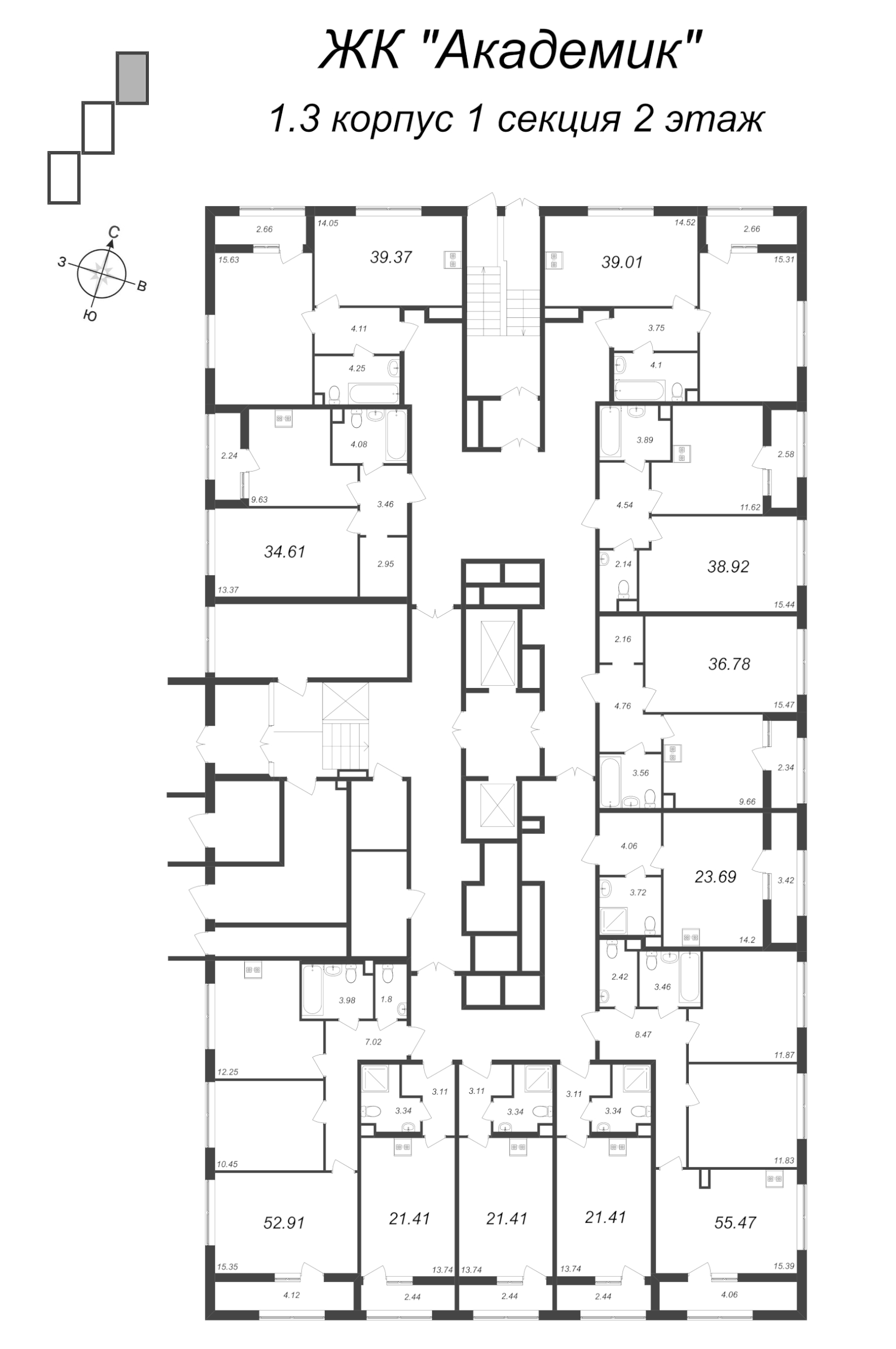 3-комнатная (Евро) квартира, 55.47 м² в ЖК "Академик" - планировка этажа
