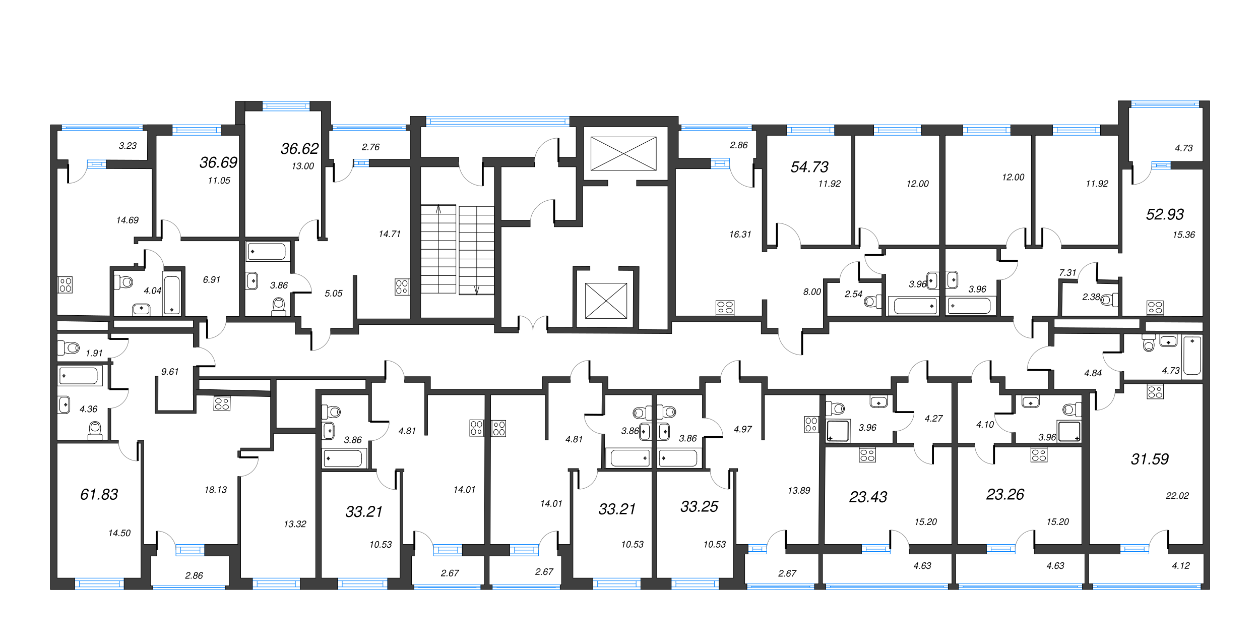 3-комнатная (Евро) квартира, 54.73 м² в ЖК "Город Первых" - планировка этажа