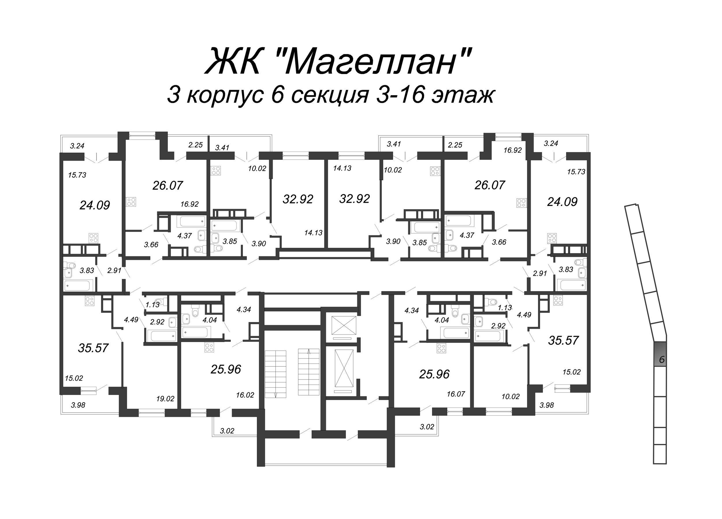 1-комнатная квартира, 33.2 м² в ЖК "Магеллан" - планировка этажа