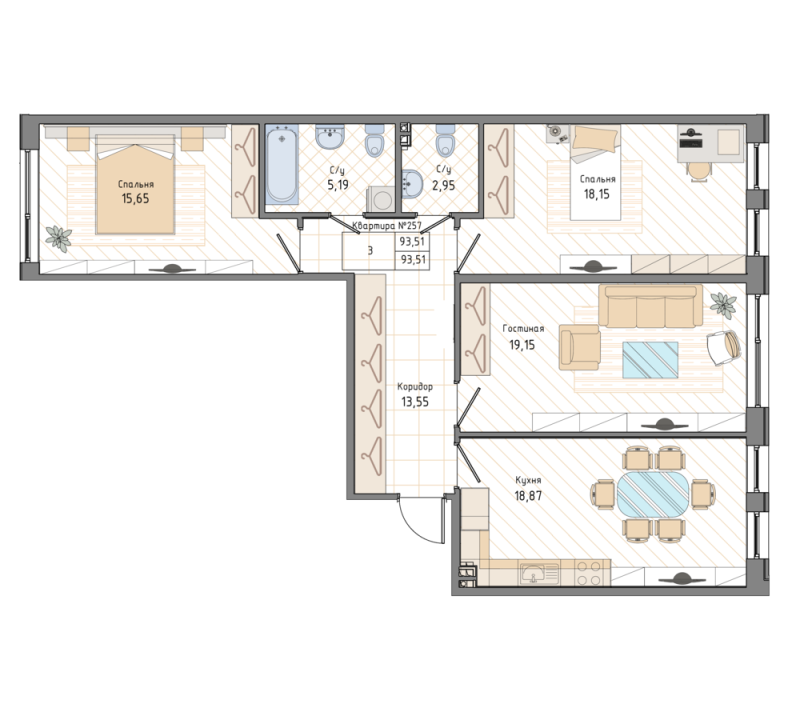 3-комнатная квартира, 93.8 м² в ЖК "Мануфактура James Beck" - планировка, фото №1