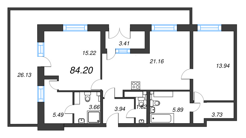3-комнатная (Евро) квартира, 84.2 м² в ЖК "БелАрт" - планировка, фото №1