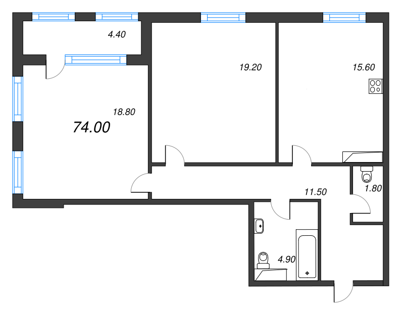 3-комнатная (Евро) квартира, 74 м² в ЖК "Тайм Сквер" - планировка, фото №1
