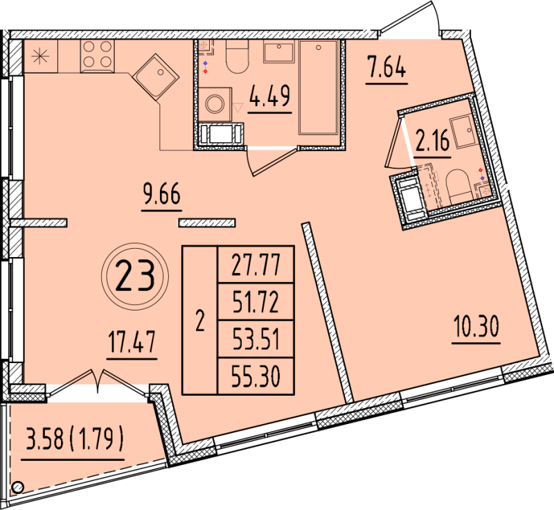 2-комнатная квартира, 51.72 м² в ЖК "Образцовый квартал 17" - планировка, фото №1