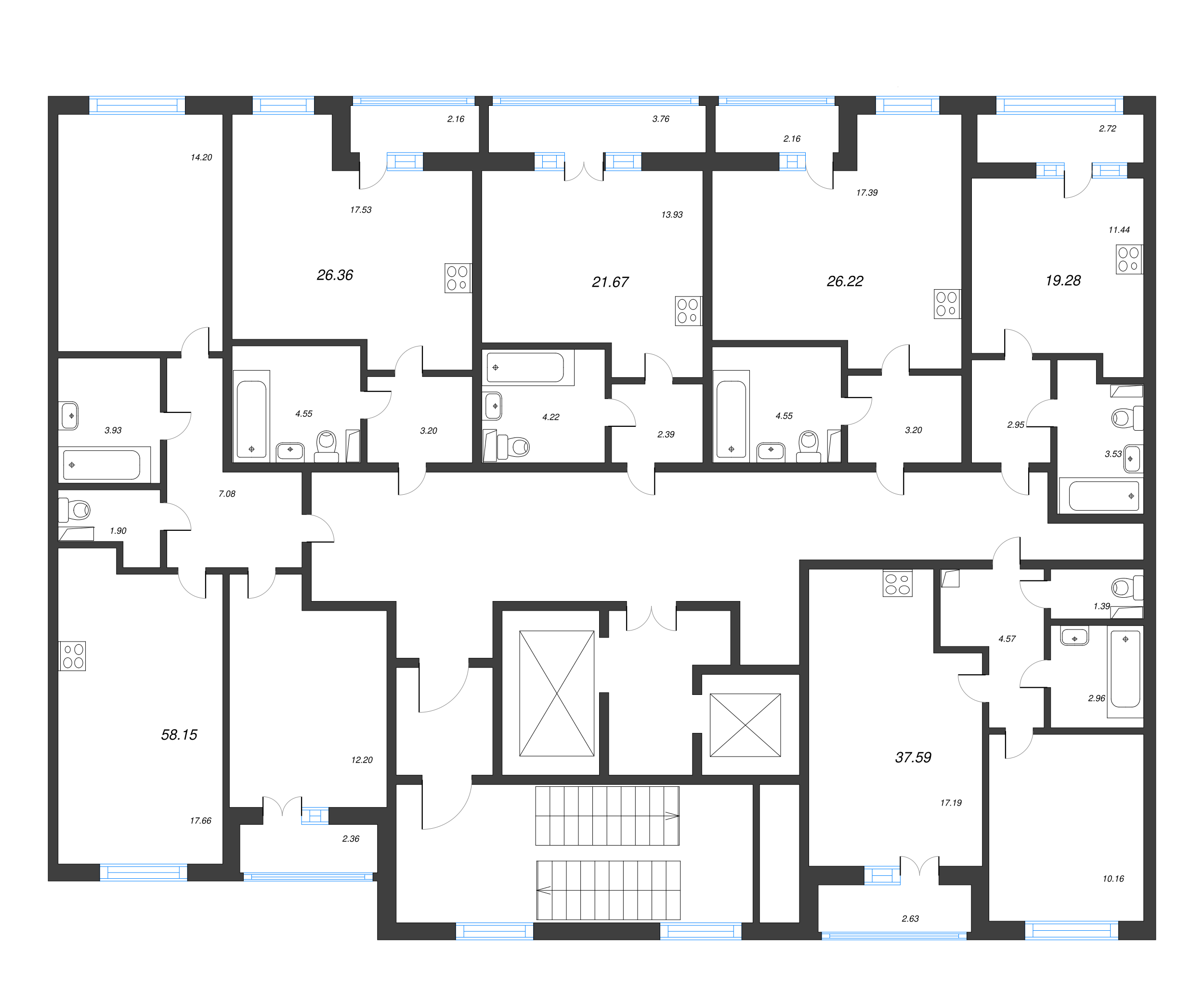 3-комнатная (Евро) квартира, 58.15 м² в ЖК "AEROCITY" - планировка этажа