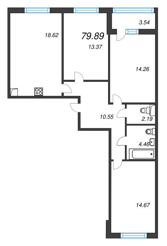 4-комнатная (Евро) квартира, 79.89 м² в ЖК "Аквилон Leaves" - планировка, фото №1