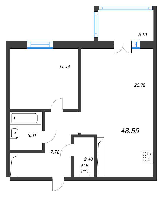 2-комнатная (Евро) квартира, 48.59 м² в ЖК "Черная речка, 41" - планировка, фото №1