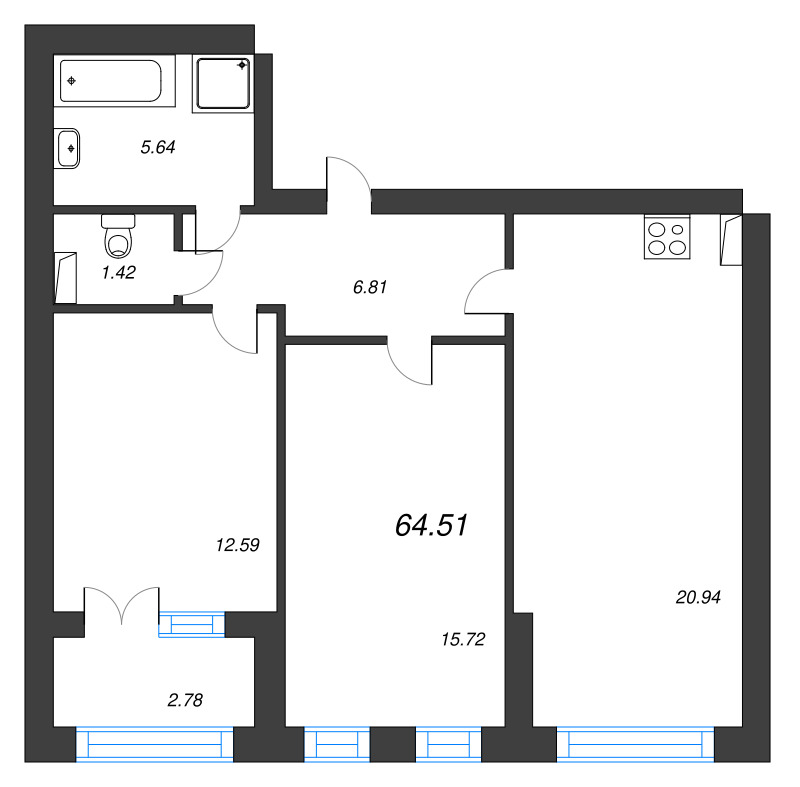 2-комнатная квартира, 64.51 м² в ЖК "Наука" - планировка, фото №1